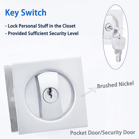 Pocket Door Lock With Key For Hidden Barn Doors, Recessed Two Sided Latch in brushed nickel, with security key in lock.