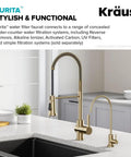 Kitchen Water Filter Faucet in Brushed Gold Standalone Beverage Faucet for On Demand Clean Water with Lead-Free Brass Body and Rust-Resistant Finish Model FF-100BG installed on kitchen counter.