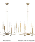Dope Antique Gold Chandelier Modern Farmhouse Light Fixture With Eight Arms And Adjustable Height, shown in two color variations.