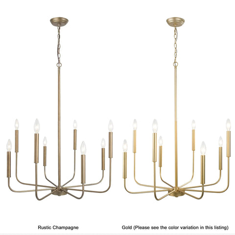 Dope Antique Gold Chandelier Modern Farmhouse Light Fixture With Eight Arms And Adjustable Height, shown in two color variations.