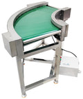 Heavy Duty Pvc Curved Conveyor Belt Makes 90 Degree Turns Without Any Sweat Electric Motor Adjustable Speed 19.6 Inch Wide Belt 400 Watt 110 Volt Stainless Steel Frame And Smooth Rollers. Curved design with green PVC belt.
