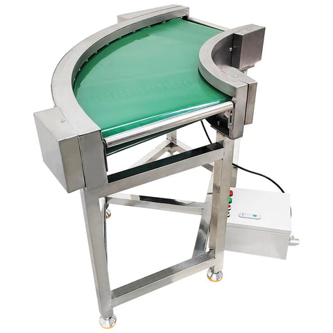 Heavy Duty Pvc Curved Conveyor Belt Makes 90 Degree Turns Without Any Sweat Electric Motor Adjustable Speed 19.6 Inch Wide Belt 400 Watt 110 Volt Stainless Steel Frame And Smooth Rollers. Curved design with green PVC belt.