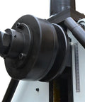 Detail of the roller and gauge on the Hardcore Hydraulic Roll Bender Built Like A Tank For Precision Metal Fabrication And Heavy Pipe Rolling With 3HP Motor 220V Three Phase Power For Daily Shop Grind.