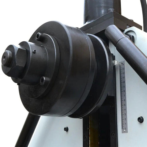 Detail of the roller and gauge on the Hardcore Hydraulic Roll Bender Built Like A Tank For Precision Metal Fabrication And Heavy Pipe Rolling With 3HP Motor 220V Three Phase Power For Daily Shop Grind.