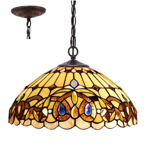 Tiffany Style Stained Glass Lamp Shade Replacement 16x8 Inch with cap, intricate Serenity Victorian design, warm amber glow.