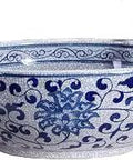 Blue and White Hand Painted Ceramic Vessel Sink for Small Cloakroom Vanity Round Porcelain Countertop Wash Basin with Crackle Glaze Vintage Style Vibe