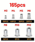 165 Piece Metric Rivet Nut Kit Aluminum Flat Head Insert Nutsert Assortment M3 M4 M5 M6 M8 M10 M12 Knurled Body Rivnuts For Automotive