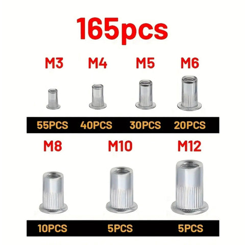 165 Piece Metric Rivet Nut Kit Aluminum Flat Head Insert Nutsert Assortment M3 M4 M5 M6 M8 M10 M12 Knurled Body Rivnuts For Automotive