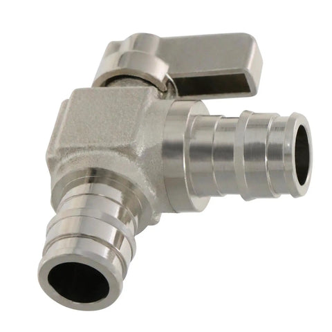 Close-up of Ten Pack PEX A Expansion F1960 Half Inch Angle Valve Kit, PEX A Angle Ball Valve, Full Port Brass, compatible with all PEX tubing.