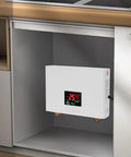 Experience Straight Hot Water Fast With Rock Solid 3000W Electric Heater mounted under a sink with digital display.