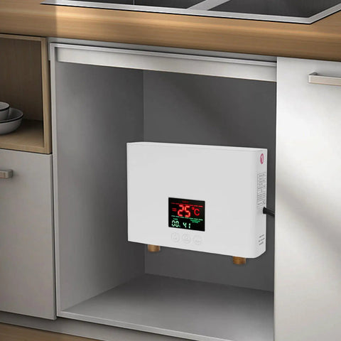 Experience Straight Hot Water Fast With Rock Solid 3000W Electric Heater mounted under a sink with digital display.