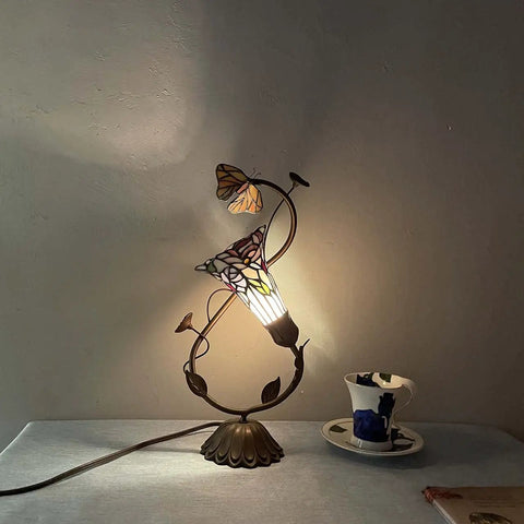 Butterfly Lily Flower Tiffany Style Stained Glass Accent Table Lamp Night Light For Living Room Bedroom Bedside 17 Inch Tall