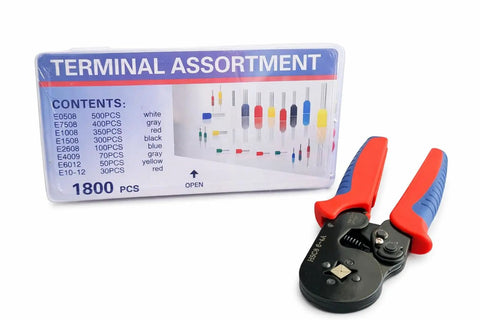 Self-Adjustable Ratchet Pliers Crimping Tool Kit For Heavy Duty AWG 23 To 7 Wire Ferrule Connectors And Pin Terminals Perfect For Auto Audio Or Diy Projects That Slap Together With Ease, with 1800-terminal assortment and crimping pliers