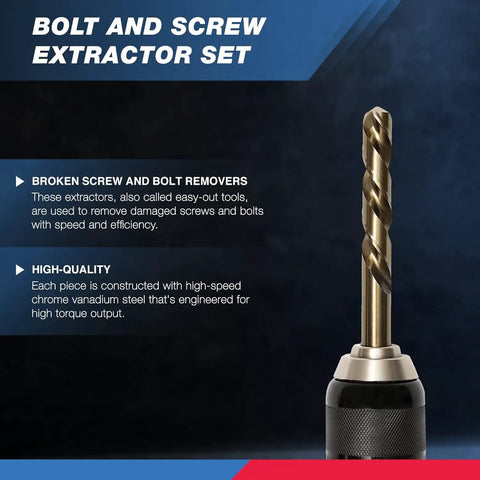 Close-up of Ultimate Heavy Duty Screw And Bolt Extractor Kit drill bit showing high-speed steel for broken screw removal