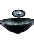 USZWBY 18'' Tempered Glass Vessel Sink,Starlight Design Artistic Bathroom Vessel Sink,Above Counter Basin Bowl with Waterfall Faucet and Pop-Up Drain in black and green.