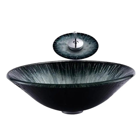USZWBY 18'' Tempered Glass Vessel Sink,Starlight Design Artistic Bathroom Vessel Sink,Above Counter Basin Bowl with Waterfall Faucet and Pop-Up Drain in black and green.