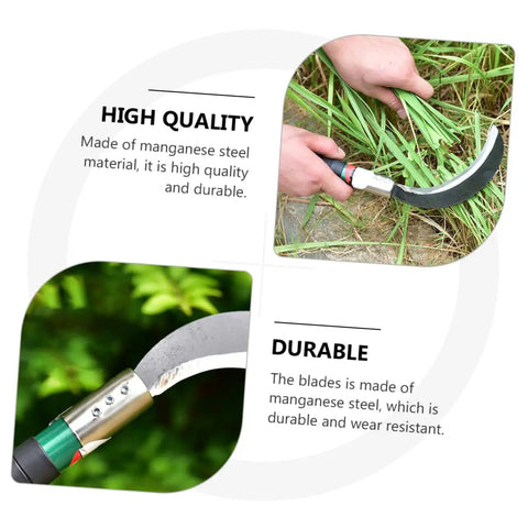 Two Pack Manganese Steel Reaping Hook Weeding Sickle With Ergonomic Short Handle shown cutting grass and close-up of the blade.