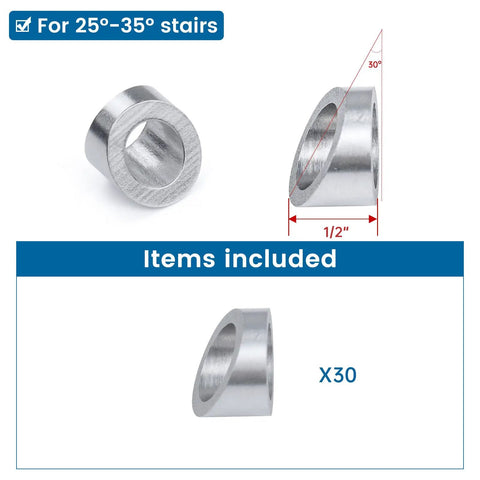 30 Pack Three Eighths Inch ID Cable Railing Angle Washers Set In 25 30 35 Degree Angles, T316 Stainless Steel Beveled Washers For One Eighth, Five Thirty Second And Three Sixteenth Inch Cable Railing Hardware Kit CR60, displayed with dimensions for 25-35° stairs.