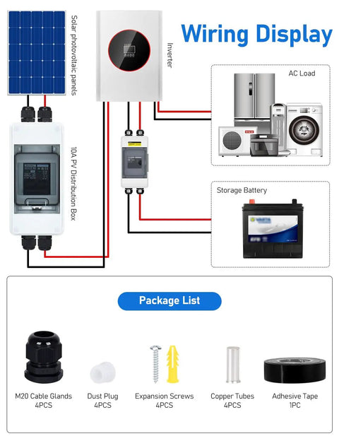 Wiring display of Pro Grade Solar Panel Disconnect Switch And 10 Amp DC 1000V RV Circuit Breaker Box With IP66 Weather Seal.