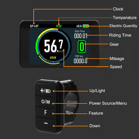 Universal Electric Bike LCD Display With Waterproof 5 Pin Connector, showing speed, time, and menu controls for DIY Ebike conversions.