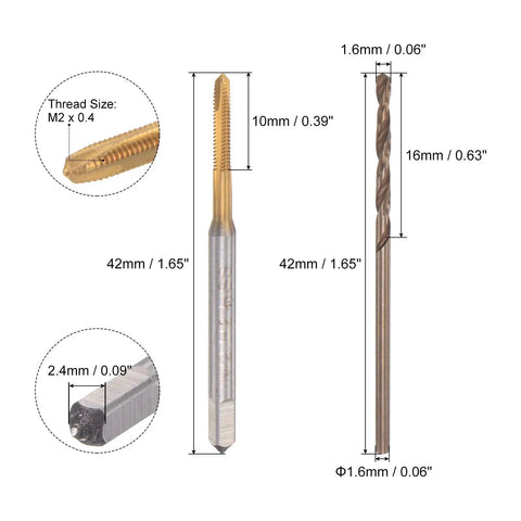 M2 X 0.4 Spiral Point Thread Tap And 1.6mm Drill Bit Set for Precision Threading Titanium Plated Cobalt HSS Tool Kit