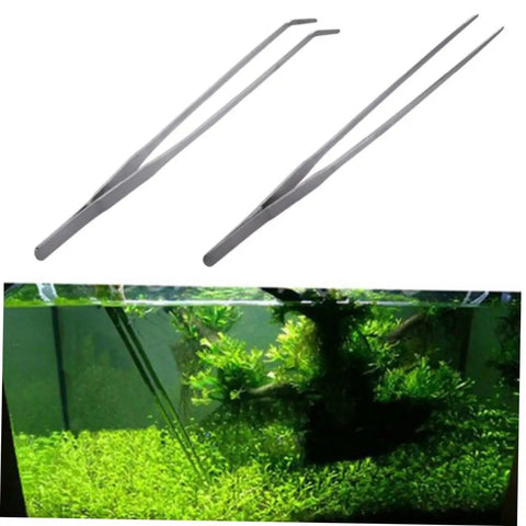 Stainless Steel Aquarium Plant Tweezers Set 2 Pack With Straight And Curved Tips For Easy Fish Tank Planting Durable Rust Resistant Tools For Aquascaping And Aquarium Maintenance, shown with aquarium planting use