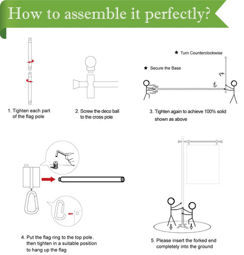 Assembly instructions for 10Ft Garden Flag Pole Stand With 5 Prong Base For 3x5 American Flags.