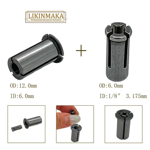 Pro Grade Stainless Steel Router Collet Chuck Set, Five Piece Bit Collet Kit with sizes and measurements displayed