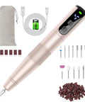 Top Shelf Cordless Nail Drill Set Rechargeable Electric Nail File And Buffer With Heavy Duty Bits For Acrylic Gel And Dip Powder Care While Keeping Your Manicure Game Strong In Classic Gold components including bits, battery, and charger.