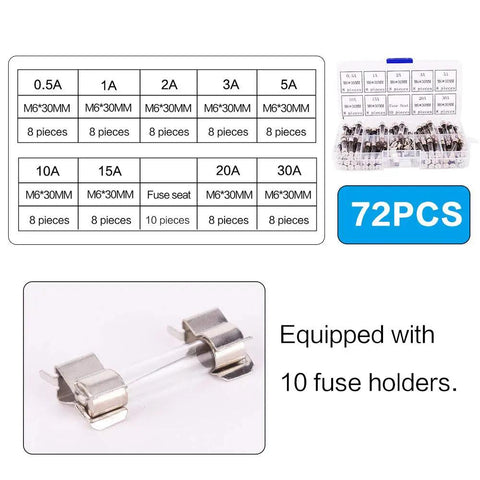 Road Tested Fast Blow Glass Fuse Assortment Loaded With Zero Point Five Through Thirty Amp Ratings Inside A Handy 72 Piece Crate Plus Ten Bulletproof Holder Seats For Straight Up Swaps On Trucks displayed with organized fuse ratings.