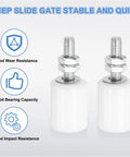 Eight Pack Sliding Gate Guide Roller Set With One And Five Eighths Inch Nylon Rollers Gate Support Assembly For Sliding Doors Universal Gate Guider White Durable Nylon Outer Wheel Design Fits Most Sliding Gate Systems image showing two nylon rollers with bolts.