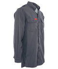 Mens Flame Resistant Work Shirt With Breathable Westex DH Air Fabric Built Tough For The Daily Grind Featuring Mic Loops Moisture Wicking Tagless Relief And Nomex Threaded Seams In Stone Gray, side view.
