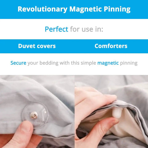 Clear Magnetic Duvet Clips with Magnetic Key for Easy Removal Pack of 8 Safe Locking Comforter Fasteners in use on bedding.
