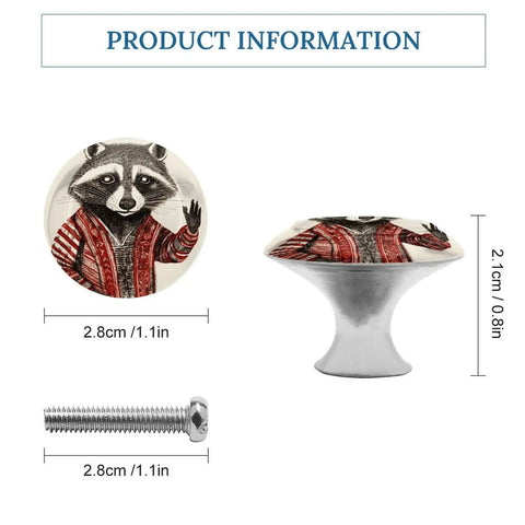 2 Pack Super Slick Red Raccoon Painted Drawer Knobs With Hella Tough 1.1 Inch Stainless Steel Base showing dimensions and included screw.
