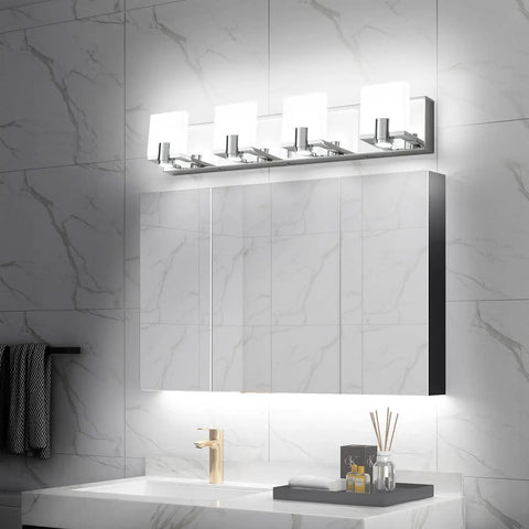 4 Light Sleek Modern Chrome LED Vanity Light Bar for Bathroom Wall Mount, 27.2 Inch Long, above bathroom mirror