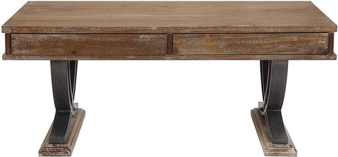 Built Tough Industrial Rustic Coffee Table Crafted From Thick Solid Acacia Wood With Two Deep Storage Drawers And Heavy Duty X Shaped Steel Base For Modern Living Room Decor, front view.
