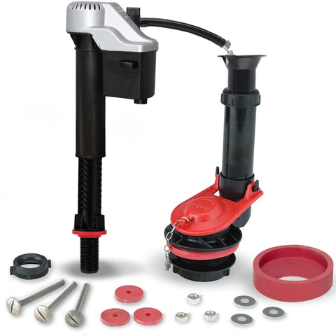 2 Inch Complete Toilet Repair Kit For Fixing Running And Noisy Toilets No Or Slow Refill And No Or Weak Flush Easy To Install In One Handy Package For Home And Bath shown with all components.