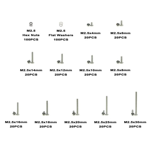 M2.5 Phillips Pan Head Machine Screws Nuts Flat Washers Kit in 304 Stainless Steel 420Pcs Set, showing screws in various lengths.