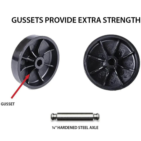 Heavy Duty 2 Inch Black Nylon Swivel Twin Wheel Casters With Brake And U Clip Stem Smooth As Silk Furniture Glides showing gussets for added strength.