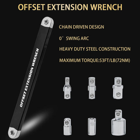 Offset Extension Wrench Kit With Half Inch, Quarter Inch And Three Eighth Inch Square Drive Adapters, steel construction