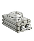Rock Solid Heavy Duty Pneumatic Rotary Cylinder Air Actuator For Industrial Automation With 0 To 190 Degree Swing Rotation Table and Hella Tough Performance MSQB Series side view of gray metal actuator.