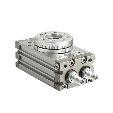 Rock Solid Heavy Duty Pneumatic Rotary Cylinder Air Actuator For Industrial Automation With 0 To 190 Degree Swing Rotation Table and Hella Tough Performance MSQB Series side view of gray metal actuator.