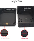 Front and open interior view of black ABS IP65 waterproof electrical box, 5.9x4.3x2.8 in, in, with rubber gasket.