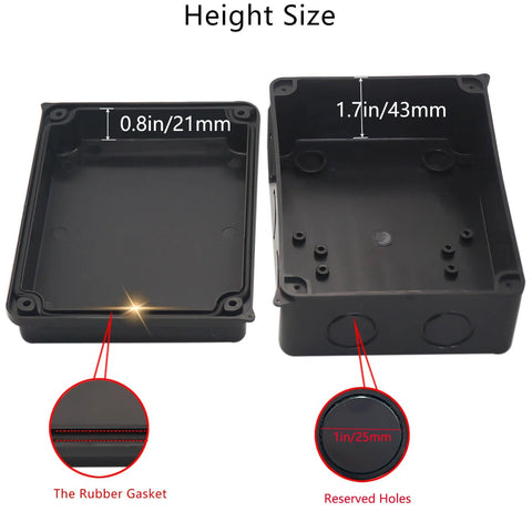 Front and open interior view of black ABS IP65 waterproof electrical box, 5.9x4.3x2.8 in, in, with rubber gasket.