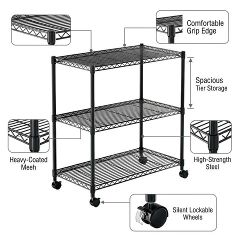 Sturdy 3 Tier Steel Wire Shelving Unit With Easy Roll Wheels And Adjustable Heights showing spacious tier storage and strong steel design.