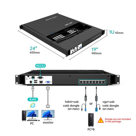 No Sweat Plug And Play Eight Port Kvm Switch With Seventeen Inch Lcd Rack Console, showing ports and dimensions, ideal for server management.