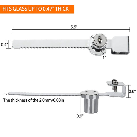 8 Pack Display Case With Sliding Glass Door And Ratchet Lock, Keyed Alike, showing lock dimensions and thickness compatibility