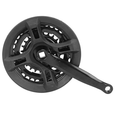 Top view of Beefy High Carbon Steel Mountain Bike Crankset 24-34-42T With Chain Guard showing triple chainring and crank arm