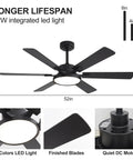 52 Inch Black Low Profile Ceiling Fan With Light And Remote, Dimmable LED, Flush Mount, 6 Blades, Wall Switch, Indoor Outdoor