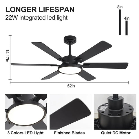 52 Inch Black Low Profile Ceiling Fan With Light And Remote, Dimmable LED, Flush Mount, 6 Blades, Wall Switch, Indoor Outdoor